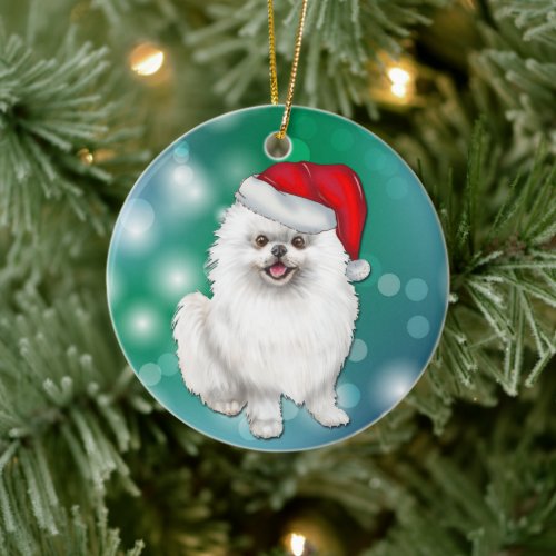 White Pomeranian Dog Red Santa Hat Christmas Ceramic Ornament