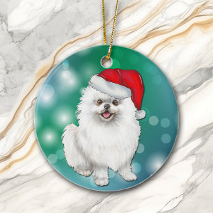 White Pomeranian Dog Red Santa Hat Christmas Ceramic Ornament