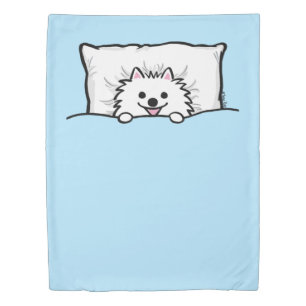 White Pomeranian Dog Tucked into Bed Adorable Pom Duvet Cover