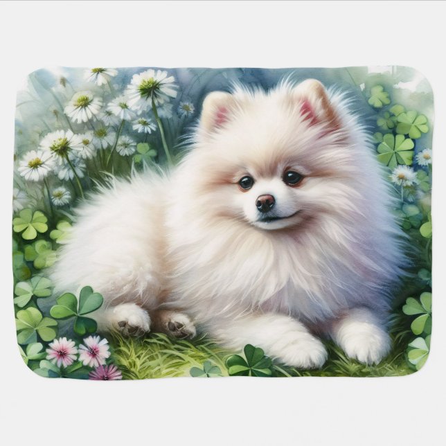White Pomeranian Dog Watercolor Clover Field Baby Blanket (Horizontal)