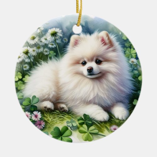 White Pomeranian Dog Watercolor Clover Field Ceramic Ornament