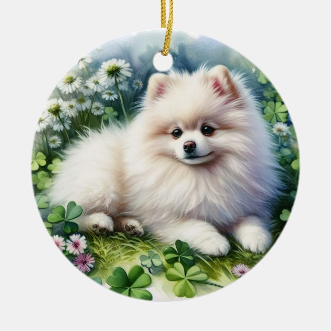 White Pomeranian Dog Watercolor Clover Field Ceramic Ornament (Front)