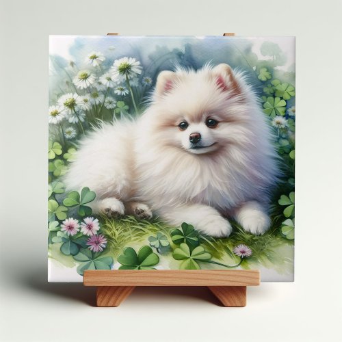 White Pomeranian Dog Watercolor Clover Field Ceramic Tile