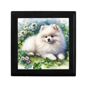 White Pomeranian Dog Watercolor Clover Field Gift Box