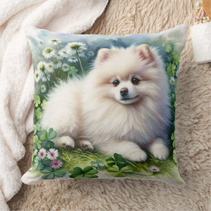 White Pomeranian Dog Watercolor Clover Field Throw Pillow