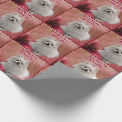 White Pomeranian Red Lily Dog Art Personalized Wrapping Paper