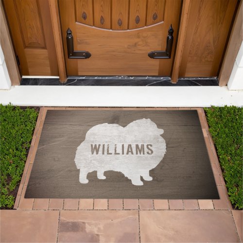 White Pomeranian Silhouette Faux Wood Custom Doormat