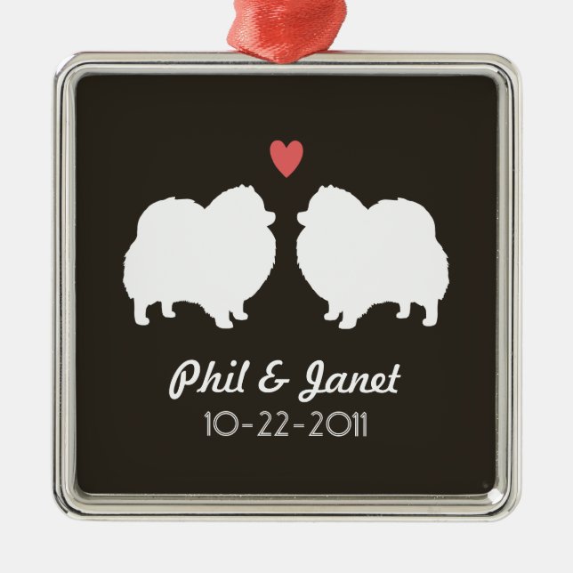 White Pomeranian Silhouettes Love Dogs Custom Metal Ornament (Front)
