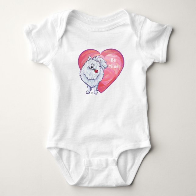 White Pomeranian Valentine's Day Baby Bodysuit (Front)