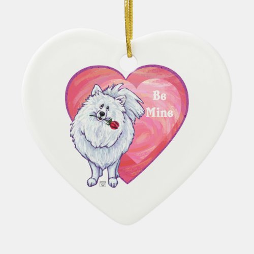 White Pomeranian Valentines Day Ceramic Ornament