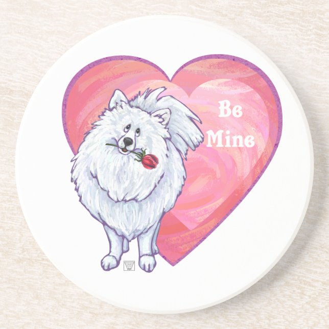White Pomeranian Valentine's Day Drink Coaster (Front)