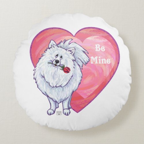 White Pomeranian Valentines Day Round Pillow