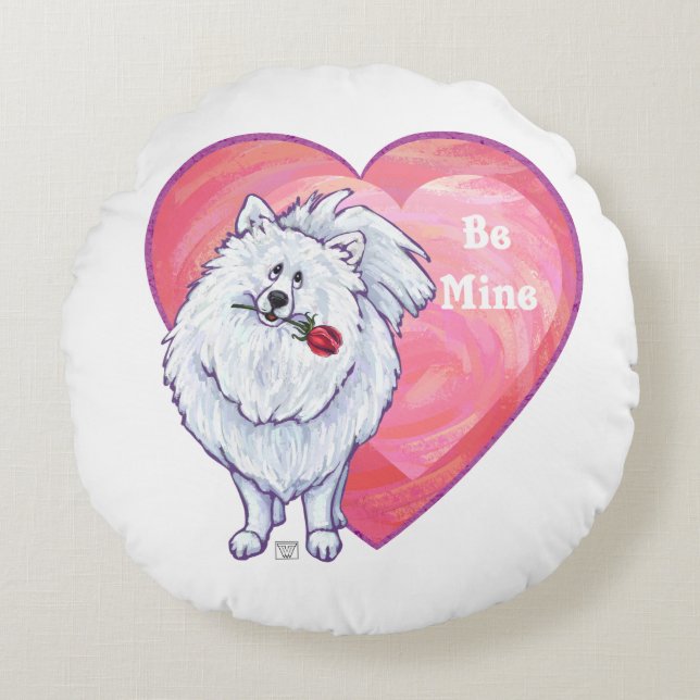 White Pomeranian Valentine's Day Round Pillow (Front)