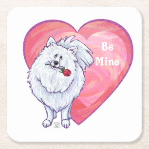 White Pomeranian Valentine's Day Square Paper Coaster