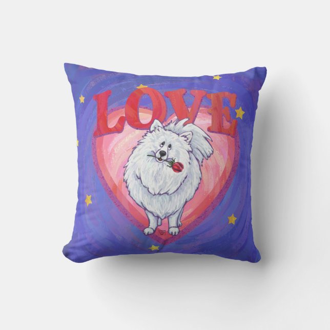 White Pomeranian Valentine's Day Throw Pillow (Front)