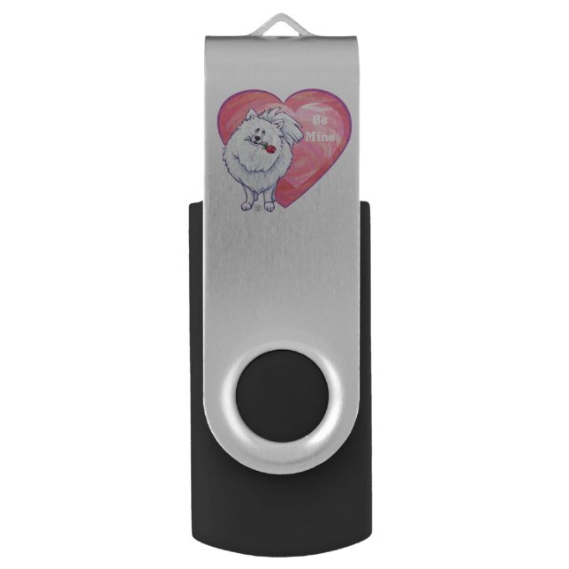 White Pomeranian Valentine's Day USB Flash Drive (Front Vertical)