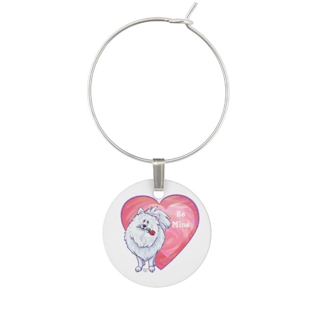 White Pomeranian Valentine's Day Wine Charm (Front)