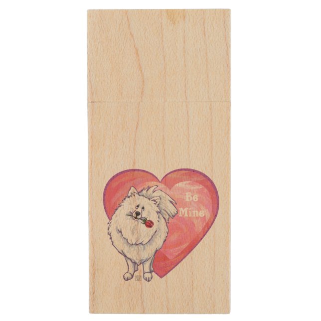 White Pomeranian Valentine's Day Wood Flash Drive (Front Vertical)