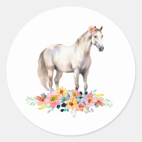 White Pony Floral Watercolor Horse Classic Round Sticker