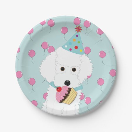 White Poodle Birthday Dog Pink Balloons Paper Plates