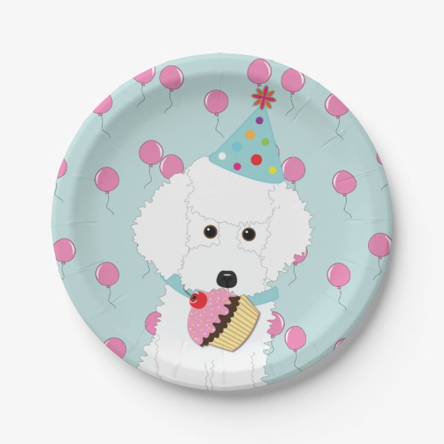 White Poodle Birthday Dog Pink Balloons Paper Plates (Front)