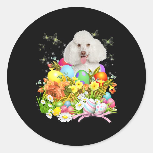 White Poodle Bunny Dog With Easter Eggs Basket Coo Classic Round Sticker (Front)