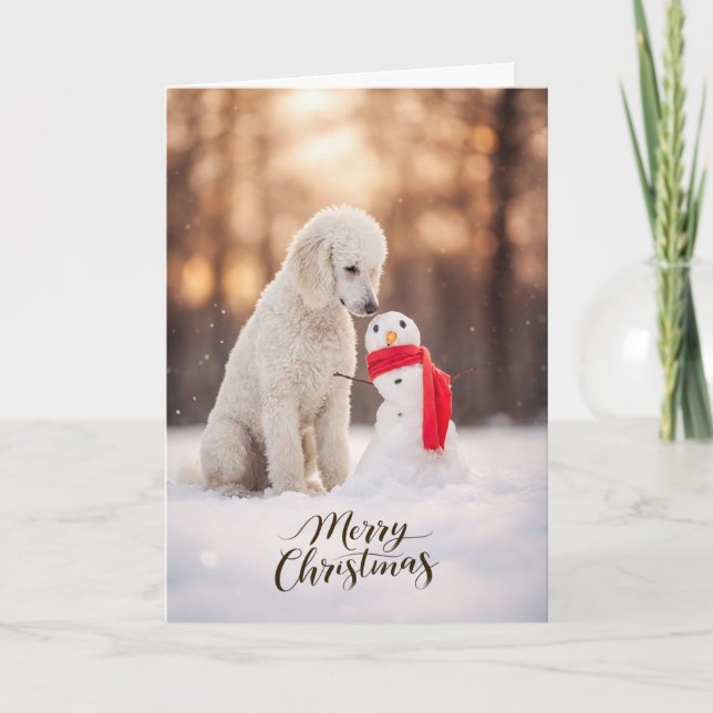 White Poodle Christmas Snowman Holiday Card (Front)