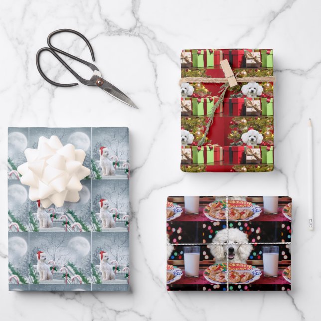 White Poodle Christmas Wrapping Paper Sheets (Front)