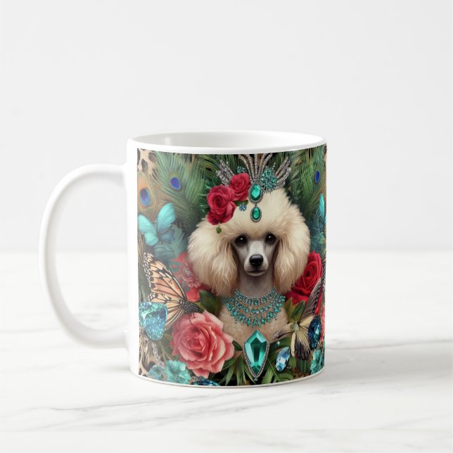White Poodle Dog Floral Art Coffee Mug (Left)