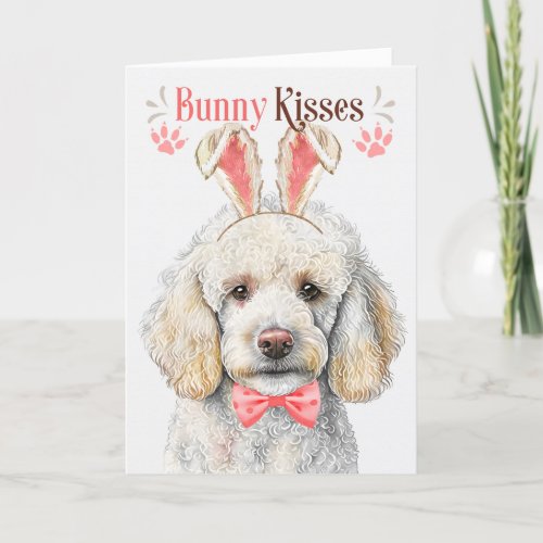 White Poodle Dog in Bunny Ears for Easter Holiday Card
