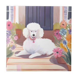 White Poodle   Dog Pet Watercolor Flowers Ceramic Tile