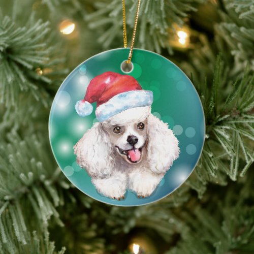 White Poodle Dog Red Santa Hat Christmas Ceramic Ornament