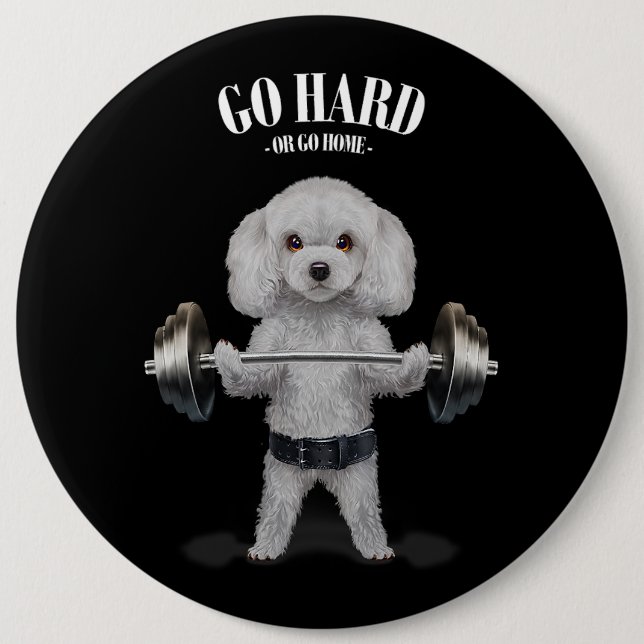 White Poodle Dog Weightlifting in Fitness Gym Button (Front)