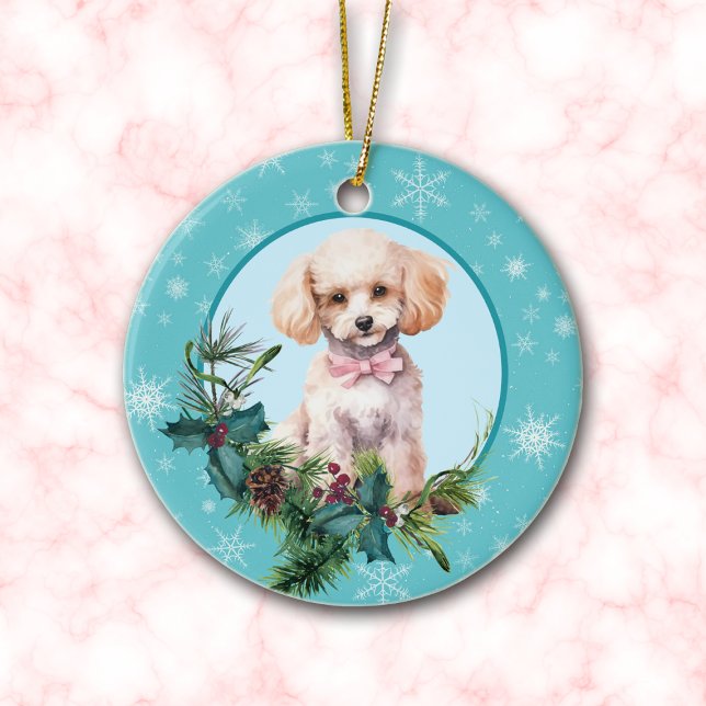 White Poodle Evergreen Blue Snowflake Border Ceramic Ornament (Creator Uploaded)