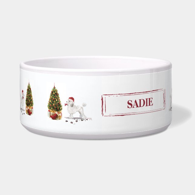 White Poodle Funny Christmas Dog with Tree Bowl (Left)