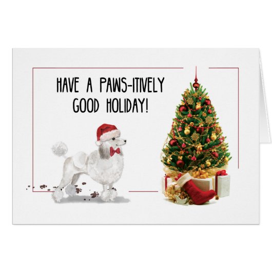 White Poodle Funny Christmas Dog with Tree Cards (Front Horizontal)