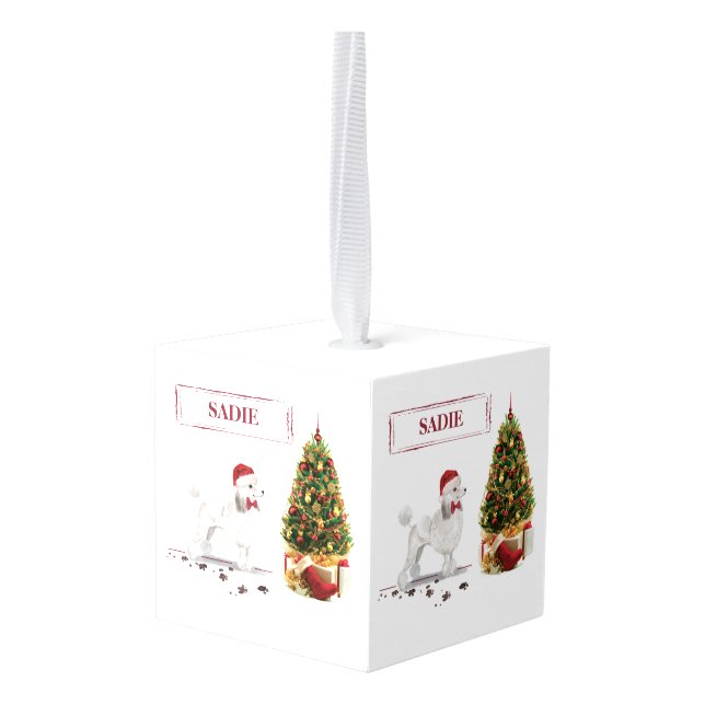 White Poodle Funny Christmas Dog with Tree Cube Ornament (Back Angled)