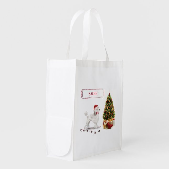 White Poodle Funny Christmas Dog with Tree Grocery Bag (Front Side)