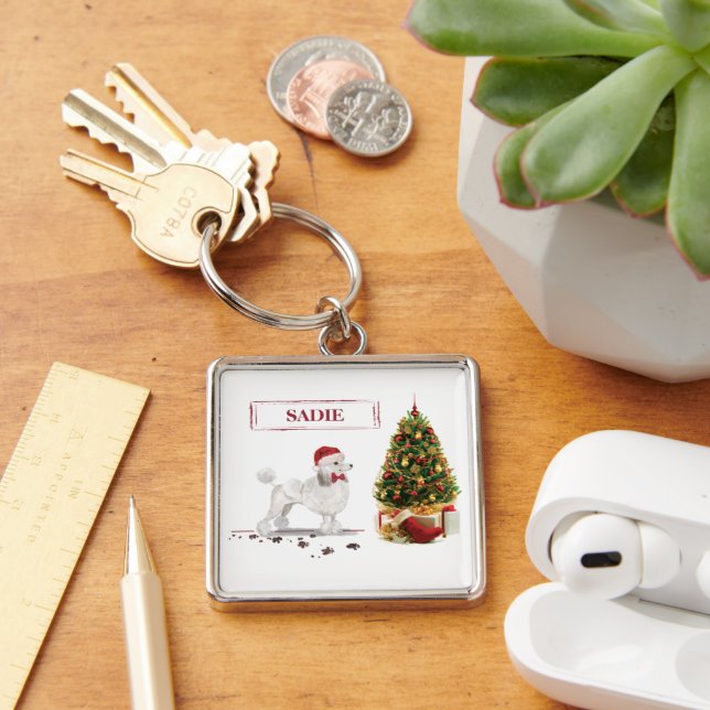 White Poodle Funny Christmas Dog with Tree Keychain (Desk)