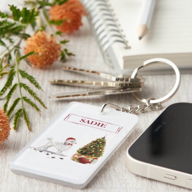 White Poodle Funny Christmas Dog with Tree Keychain (Front Right)