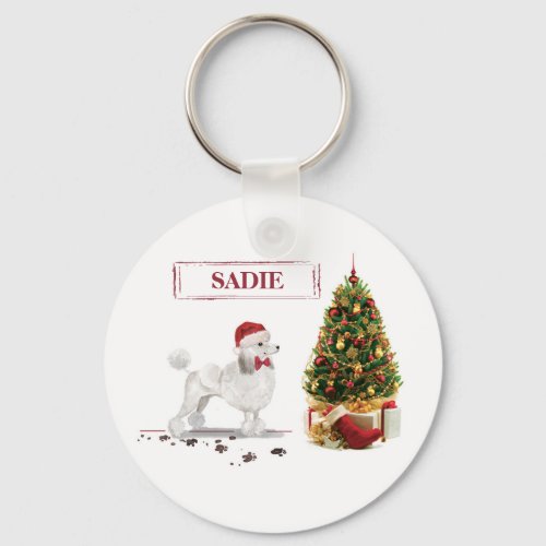 White Poodle Funny Christmas Dog with Tree Keychain