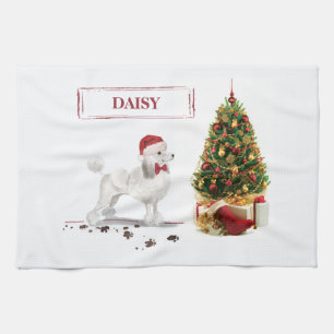White Poodle Funny Christmas Dog with Tree Kitchen Towel