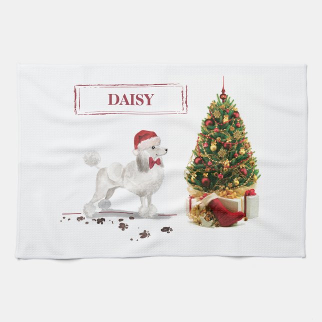 White Poodle Funny Christmas Dog with Tree Kitchen Towel (Horizontal)