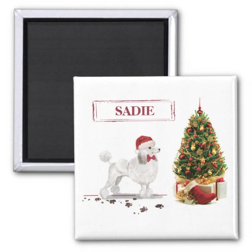 White Poodle Funny Christmas Dog with Tree Magnet
