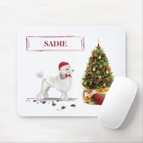 White Poodle Funny Christmas Dog with Tree Mouse Pad