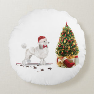 White Poodle Funny Christmas Dog with Tree Round Pillow