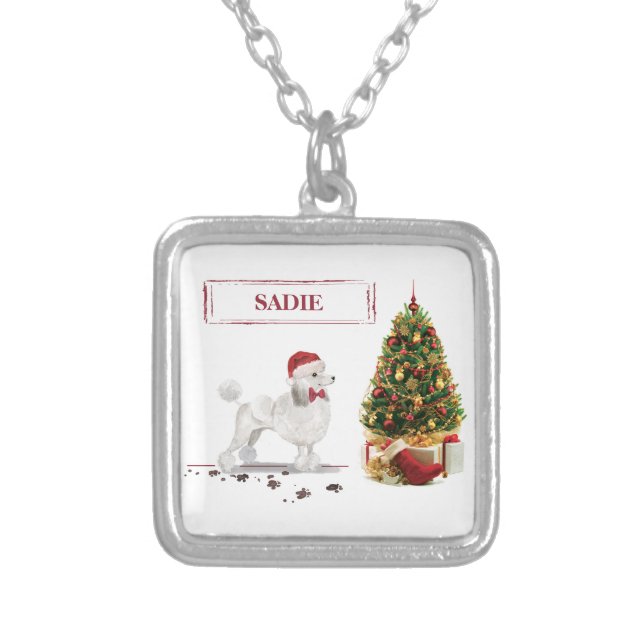 White Poodle Funny Christmas Dog with Tree Silver Plated Necklace (Front)