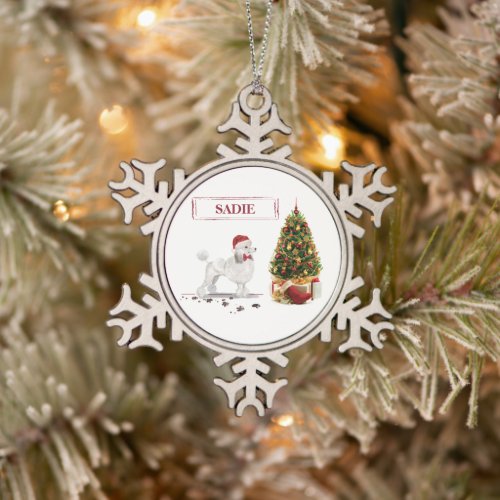 White Poodle Funny Christmas Dog with Tree Snowflake Pewter Christmas Ornament