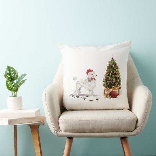 White Poodle Funny Christmas Dog with Tree Throw Pillow