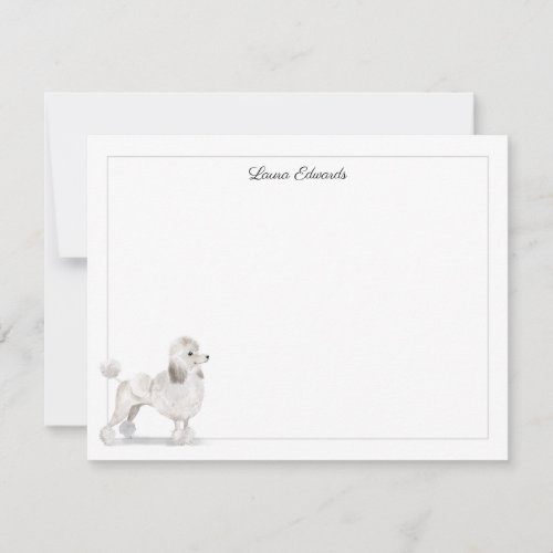 White Poodle Gray Border Personalized Stationery Note Card